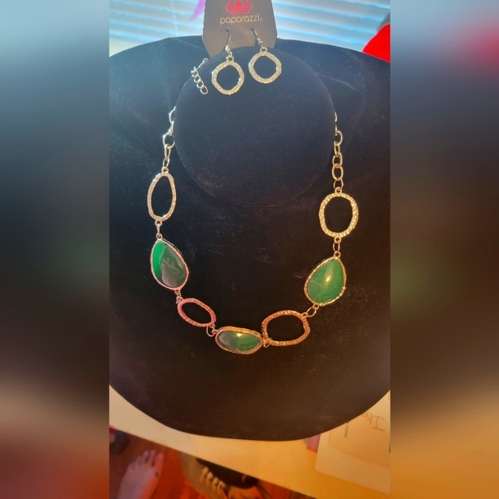 Paparazzi Green Necklace and matching earrings.